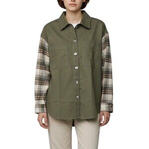 Thread & Supply Women's Button Down Shacket Top Cotton Size M Olive Tan Plaid